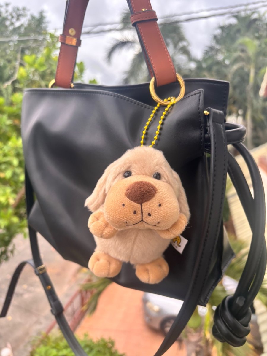Dog plush keychain on a bag